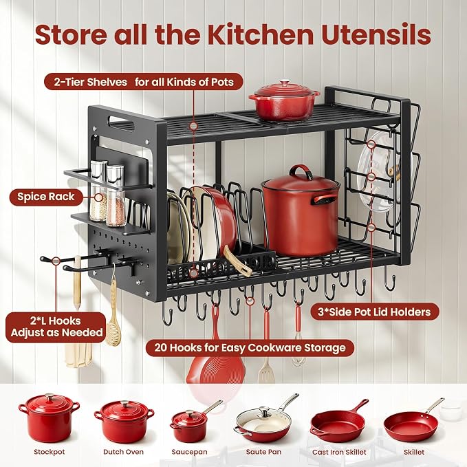 Pot Rack Wall Mount, Hanging Heavy Duty Metal Pan Organizer with 20 Hooks,Pot Shelf with 3 Pot Lid Holder with 8 Adjustable Dividers Loads 100lbs for Kitchen Cookware and Utensil storage