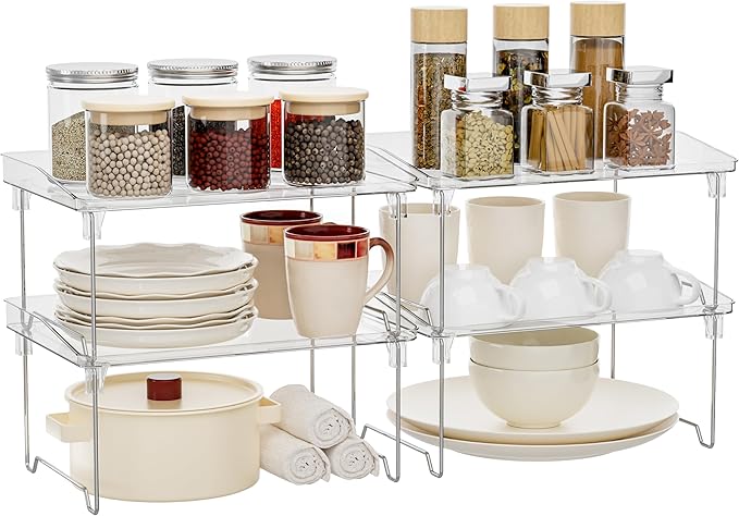 STARLATTA Acrylic Cabinet Organizer Shelf,4 Pcs Stackable Kitchen Counter Shelves,Spice Rack,Countertop Organizers,Clear Plastic Storage Organization for Makeup，Bathroom,Cupboard,Desk,Pantry