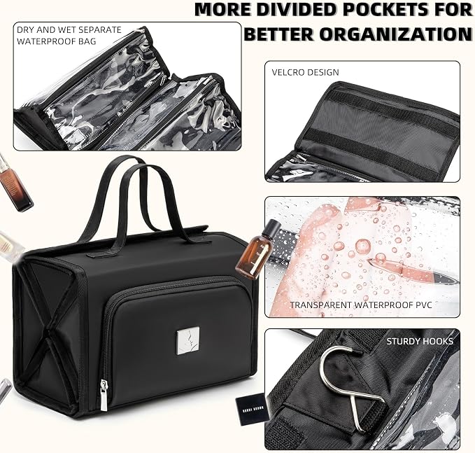ROYALFAIR Roll Up Makeup Bag, Waterproof Toiletry Bag for Women, Hanging Travel Organizer bags with Jewelry Organizer Compartment, Extra Large 4 Clear TSA Approved Pouches Cosmetic Makeup (black)