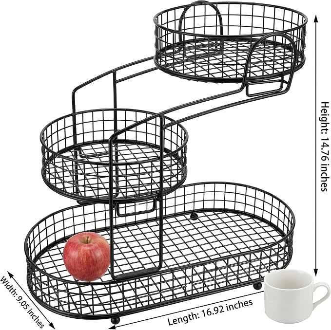 KMV Metal 3-Tier Fruit Basket Vegetable Storage Basket for Kitchen Counter, Detachable Organizer for Bread Snack Produce (Black)