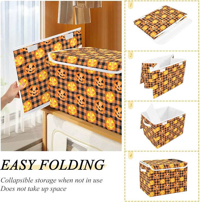 CaTaKu Large Fabric Storage Bins With Lids, Halloween Pumpkin Plaid Storage Boxes With Handles for Organizing Clothes, Collapsible Storage Cube Bins Baskets for Shelves