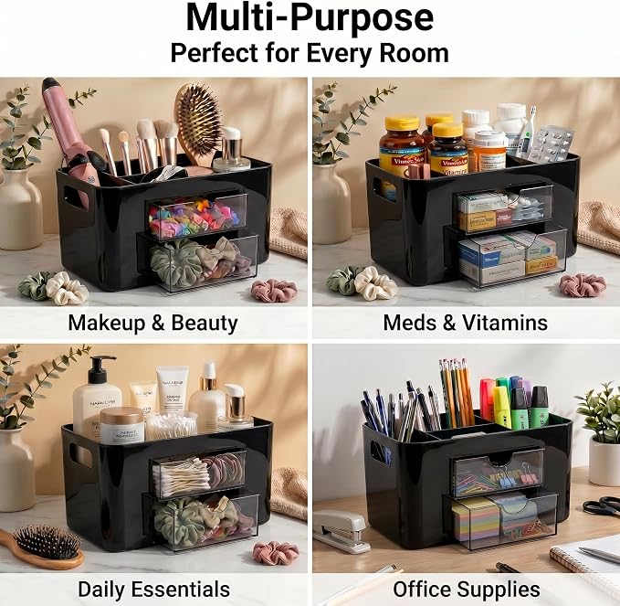 Black Desk Organizer with Drawers, 4 Slots, Side Handles, Pen Holder | Desktop caddy for office supplies, makeup brushes, art & vanity | 5 compartments, 2 pull-out drawers, built-in side handles