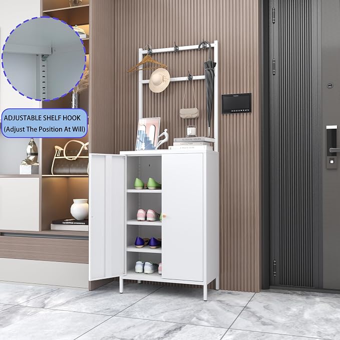 Tall Metal Shoe Cabinet with Coat Rack,Shoe Storage Cabinet with Doors,Hanging Bar,Hooks for Entryway, Hallway, and Living Room,2in1 Hall Tree with 3 Adjustable (Cabinet with Rack, White)