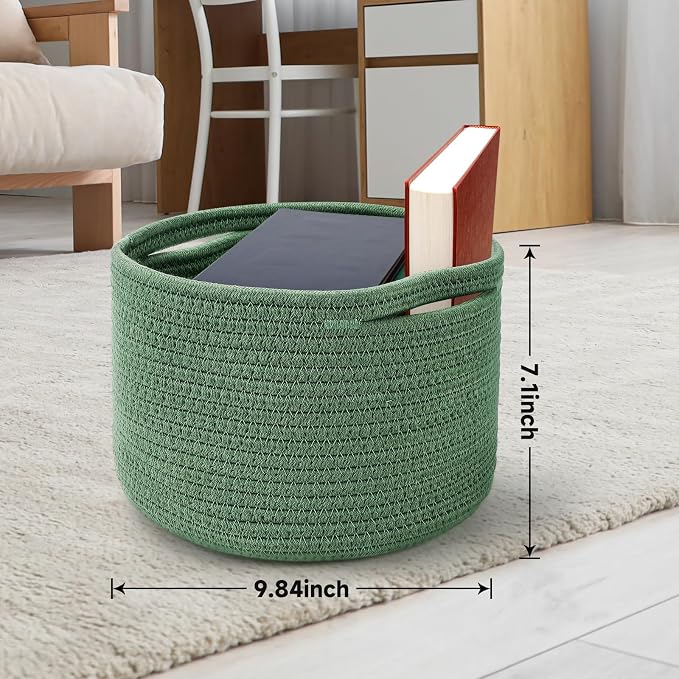 Small Rope Baskets for Storage, Baskets for Gifts Empty, Cute Round Woven Basket, Decorative Shelf Baskets 9.82×9.82×7.1", Cotton Toy Basket Storage Bins for Organizer 3 Packs Green