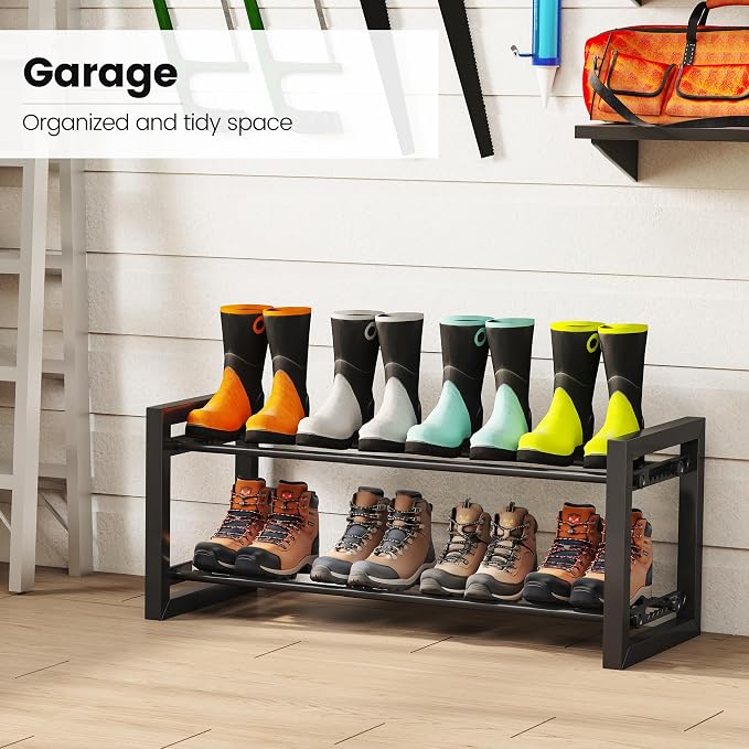 Homeiju Expandable Shoe Rack, 2 Tier Metal Shoe Shelf, Adjustable Shoe Stand for Sneakers, Boots, Heels, Heavy-Duty Steel Standing Shoe Organizer for Entryway, Closet, Bedroom, Black