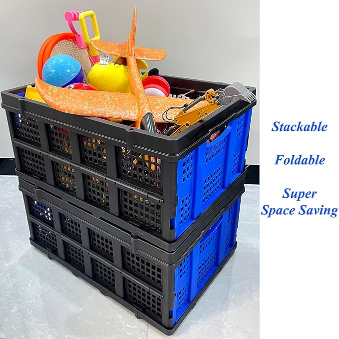 Collapsible Storage Crate 22L x 15W x 10.7H Inch - Foldable and Stackable Plastic Bin, 1.73 Cu Ft Folding Basket for Car Trailer Garage and Home – 3 Pack