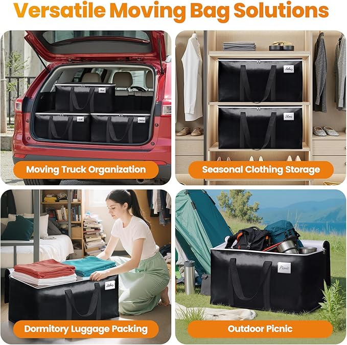 StoreHappily Heavy-Duty & Extra Capacity Moving Bags with Backpack Straps, Storage Totes with Double Zipper & Strong Handles, Packing Bags Alternative to Moving Boxes, Moving Supplies (4 Pack, Black)