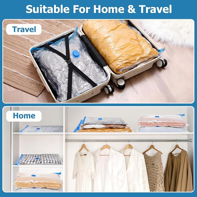 15 Vacuum Seal Bags for Clothing Travel with Rechargeable Air Pump | 4 Size Space Saver Vacuum Storage Bags, 1500mAh Type-C Pump, 6000Pa Saves 80% Space, PA+PE Tearproof Zipper For Luggage