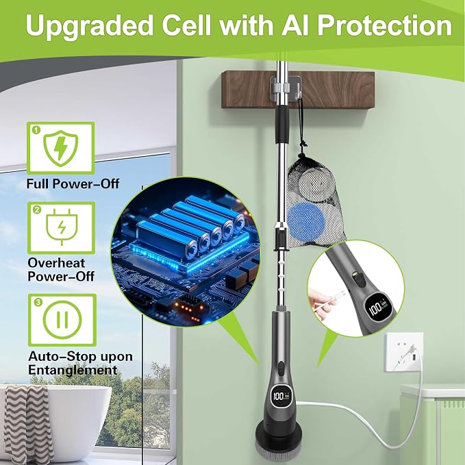 WKY-Electric Spin Scrubber - 10-in-1 Cordless Shower Scrubber & Cleaning Brush with Extendable Handle, 42 in-lbs Ultra High Torque, 2 Speeds, IPX7, LED Display, Smart AI Chip, for Bathroom, Kitchen