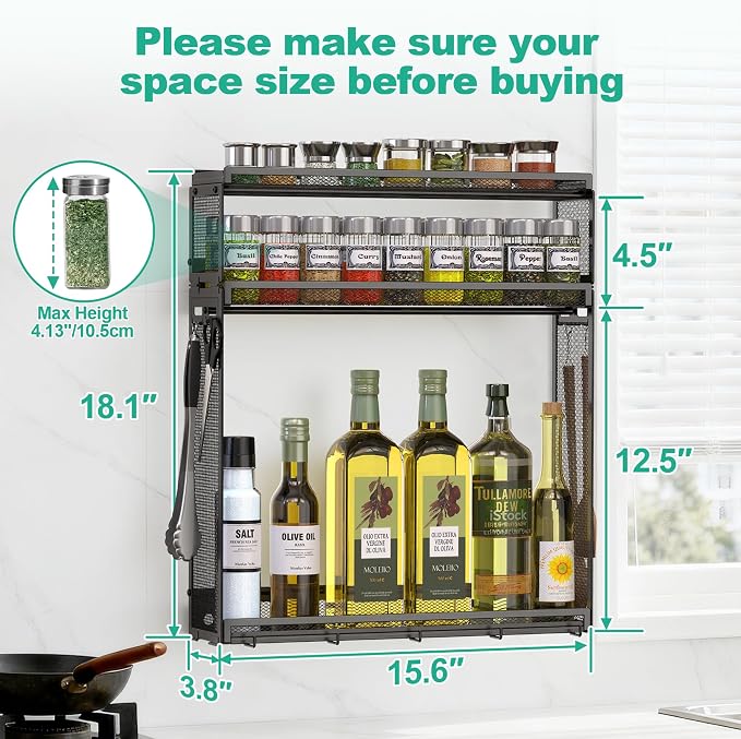 Docnest 3 Tier Wall Mounted Spice Rack with 9 Hooks, Black | Metal kitchen organizer shelf for seasoning jars. Features 2 installation ways using screws or adhesive