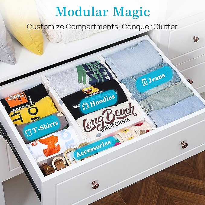 Vtopmart 12 Pack Drawer Dividers for Clothes, 4" High 11.3"-17" Adjustable Expandable Dresser Drawer Organizer, Plastic Drawers Separator for Dresser, Baby Clothes, Underwear, Kitchen & Office Storage