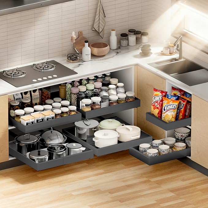 1 Pack Pull out Cabinet Organizer Expandable Width(12"-20") and 21"Depth, No Drill Adjustable Slide Out Drawers for Kitchen, Cabinets With 3 Slide Rails,Magnetic Panel, Adhesive Roll out Shelves