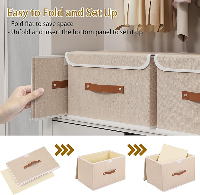 Yawinhe Collapsible Storage Boxes, Linen Fabric Baskets, Bin with lid and Leather Handle, Washable, for Home, Closet, Beige, 15.0''Lx9.8''Wx9.8''H, 5-Pack, USNK024BEL-5