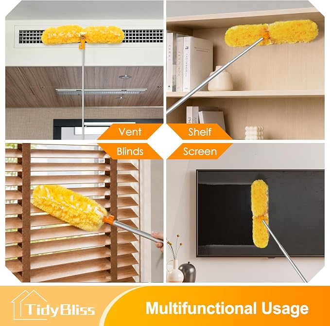 TidyBliss 6 ft Extendable Dusters for Cleaning Compatible with Swiffer, Super Long Handle Dusting Wand Kit with 10 Refills, 360 Degree Heavy Duty Microfibers Dust Removing Tool for Ceiling (Orange)