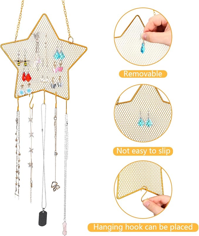 Jetec 2 Pcs Earring Wall Holder Wall Mounted Organizer Hanging Stand Decorative Diamond Grid Shape Jewelry Display Rack with Hanging Hooks for Earrings Necklace Bracelet(Gold)
