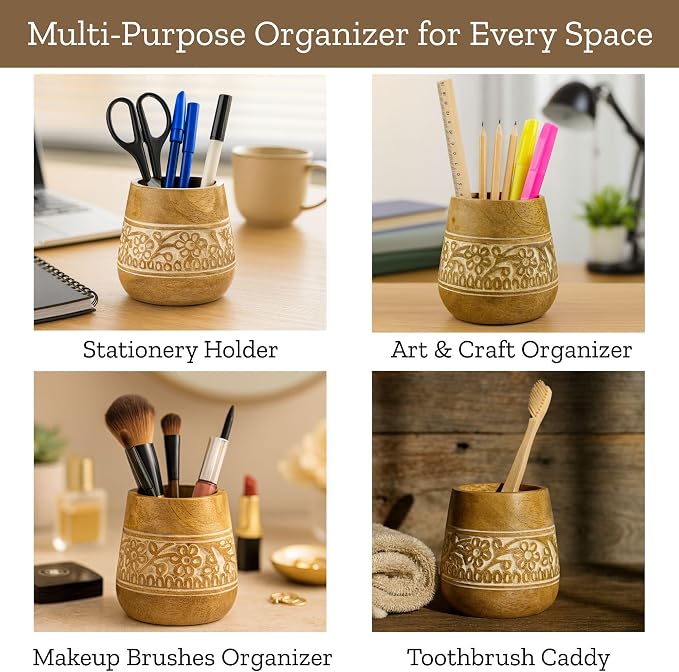 Mie Creations Designer Pencil Holder for Desk Wood | Paintbrush Holder Cup, Desk Accessories, Cute Make Up Brush Organizers | Office Desktop, Wooden Pen Stand | Stationary, Art Supplies | White-4''