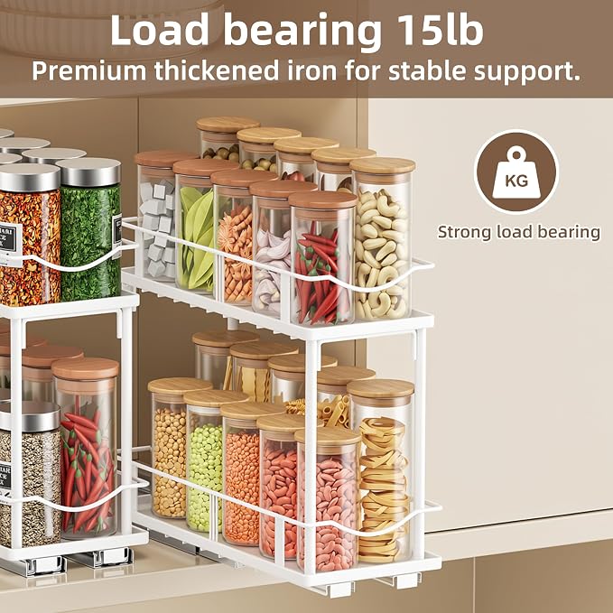 Bunoxea Pull Out Spice Rack 2 Pack,Slide Out Cabinet Spice Rack,White | 2-Tier Rack, Full Extension Ball Bearing Glides, 10.7"Dx4.8"Wx8.85"H, Kitchen Pantry,Narrow Cabinet Spice Storage Organizer