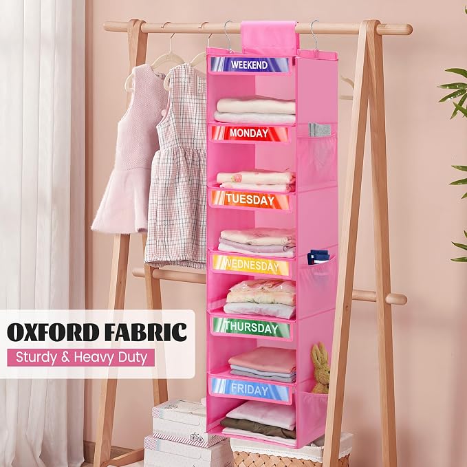 2 Pack 6-Shelf Weekly Clothes Organizer for Kids, Hanging Daily Closet Organization with 6 Side Pockets, Days of The Week Clothing Divider Storage for Boys and Girls (Pink)