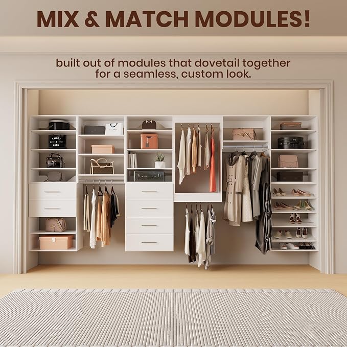 ROOMTEC 19.5" 2 Drawer Short Tower Closet Unit, Modular Closet System with Drawers and Shelf, Wardrobe Organizer for Bedroom or Walk-in Closet, Wall Mounted, Customizable Clothes Storage Unit, White