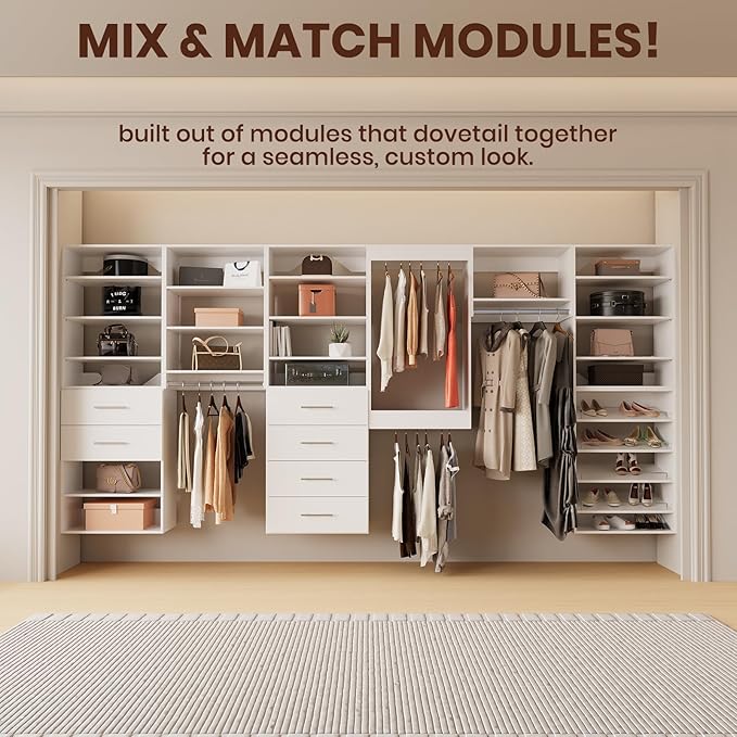 ROOMTEC 25.5" Tall Hanging Closet Unit, Modular Closet System with Hanging Rod, Wardrobe Organizer for Bedroom or Walk-in Closet, Wall Mounted, Customizable Clothes Storage Unit, White