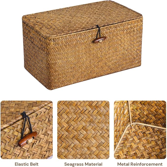 Natural Seagrass Storage Baskets with Lid,Multipurpose Home Organizer Bins Boxes for Shelf Organizer,Decorative Storage Bins- 12'' x 7'' x 6''