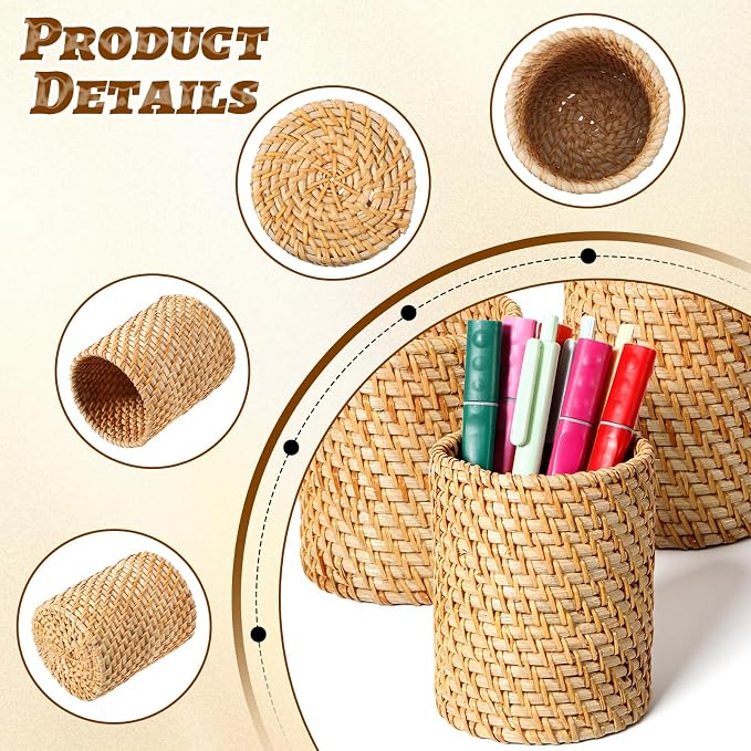 3 Pcs Rattan Pencil Holder, Handmade Pen Cup Durable Cylinder Makeup Brush Holder Multi-Functional Woven Vine Desk Organizer for Office, Home, Kitchen, Desktop