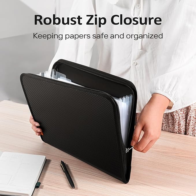 Sooez Accordion File Organizer with Safe Zipper, 7 Pockets Expanding File Folder, Heavy Duty Folder Organizer, Sleek Letter Size Accordion Folder, Portable Expandable File Folder for Documents, Grey
