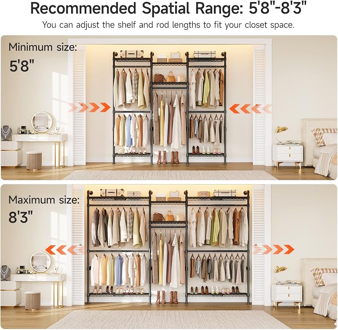 ONBRILL H3 Plus Expandable Wall Mounted Closet System, 5.7FT-8.2FT Closet Organizer with 4 Telescopic Shelves & 5 Adjustable Rods, Industrial Pipe Clothing Rack for Walk-in & Reach-in Closet (Black)