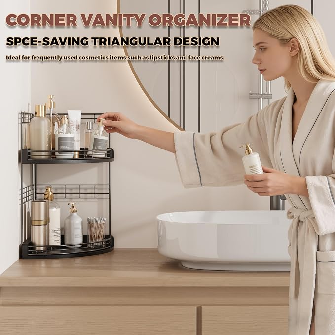 Bathroom Countertop Corner Organizer for Small Spaces, 2-Tier Counter Shelf | Oak Wood & Iron, Fan-Shaped Counter Shelf for Sink & Vanity Corners, Skincare, Toiletries, Compact Vertical Storage, Black