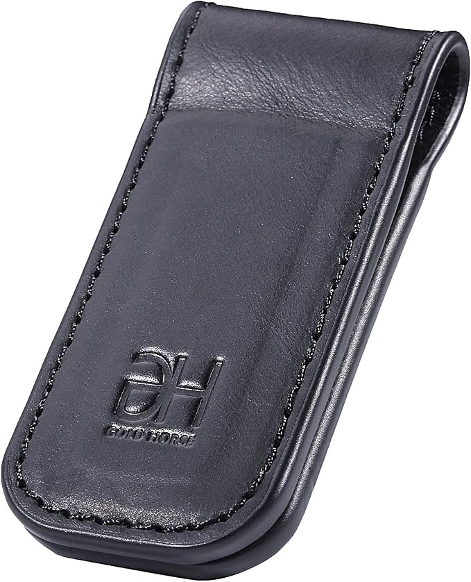 GH GOLD HORSE Slim Magnetic Money Clip Genuine Leather Business Card Holder for Men (Black)