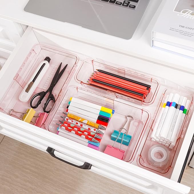 8 Pcs Mixed Extendable Clear Drawer Organizer, All Adjustable Vanity Storage Box, 2-Size Desk Drawer Organizer, Acrylic Storage Bins for Makeup, Bedroom Dressers Tool Organizer for Gadgets, Pink