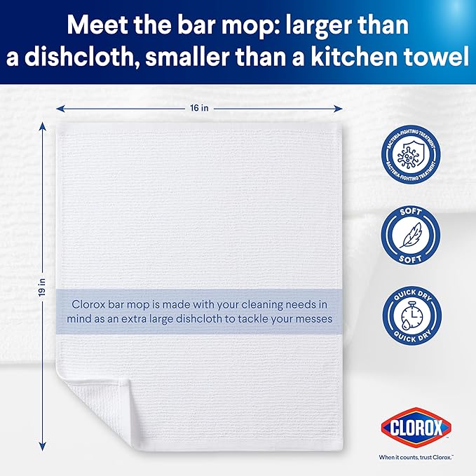 CLOROX Ribbed Bar Mops - 100% Cotton Quick Dry Extra Large Dishcloths - Absorbent Multipurpose Cleaning Cloths for Restaurants, Kitchen, Bathroom, Hotel - 16" x 19" - White 12 Pack