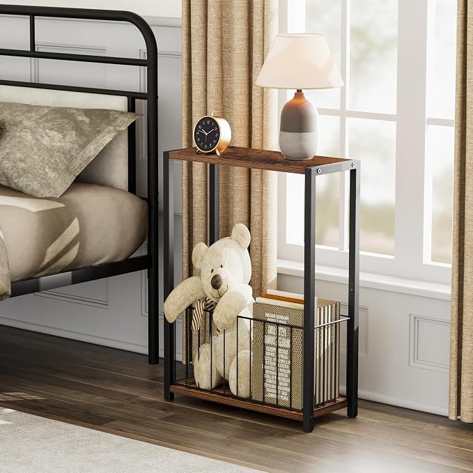 Homleke Narrow Side Tables Set of 2 with Magazine Holder, Skinny End Tables | Space-Saving Design, Small Spaces, Storage Shelf, Metal Frame, Easy Assembly, 7.1" D x 16.9" W x 23.6" H, Rustic Brown