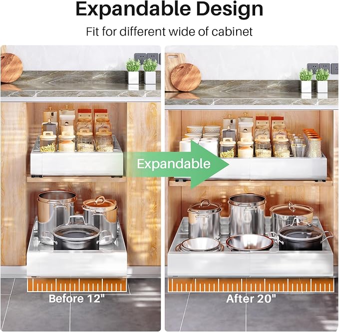 Pull out Cabinet Organizer, 4-pack, Expandable(12"-20") Heavy Duty Slide out Drawers Fixed with Adhesive Nano Film for Pots, Roll out Shelf Storage for Kitchen Base Cabinet Organization(3 Rails)