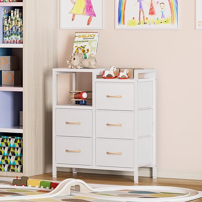 Furnulem White Dresser for Bedroom, 5 Drawer Small Fabric Closet Dresser | Small Chest of Drawers, Storage Cabinet Organizer with 2 Tier Shelf, Closet Drawer Units with Metal Frame, Dresser for Dorm