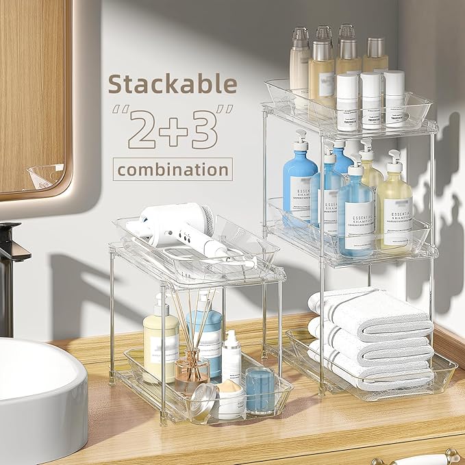 MHHA 2 Pack Bathroom Cabinet Organizer, 2 Tier Clear Under Sink Organizers and Storage Medicine Cabinet Organizer with Dividers, Pull Out Kitchen Pantry Shelf Cupboard Closet Vanity Organization Bins