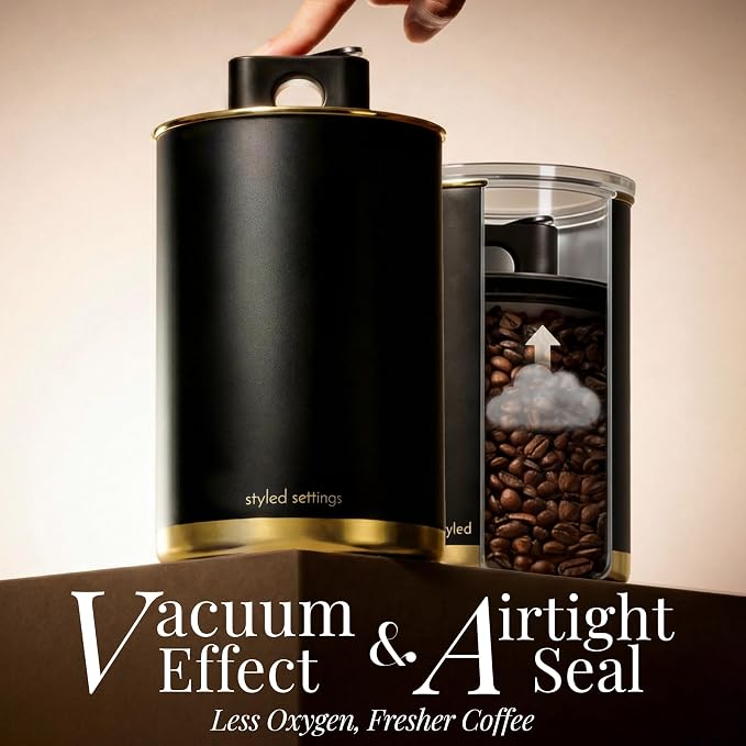 Vacuum Coffee Canister with Airtight Lid – Patented Dual Airtight Coffee Canister with Scoop, Coffee Bean Storage Container or Grounds Container, Storage Container - Black and Gold Kitchen Accessories