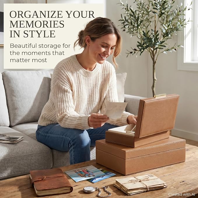 ZICOTO Decorative Storage Boxes with Lids – Set of 2 Beautiful PU Leather Organizer Bins for Your Bookshelf Home Decor - Safely Store Photos, Documents and Memory Box Keepsakes in Style