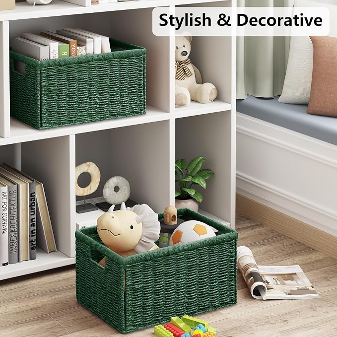 Vagusicc 2 Packs Large Wicker Storage Basket, Closet Storage Baskets Bins for Shelves, Decorative Collapsible Baskets for Organizing Clothes Toy Nursery Bathroom Organizers and Storage, Green