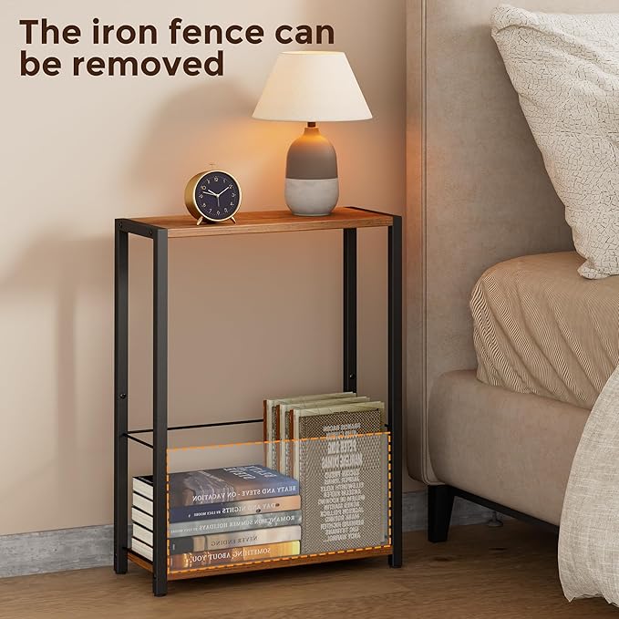 Homleke Narrow Side Table with Magazine Holder, Skinny End Table | Space-Saving Design, Small Spaces, Storage Shelf, Metal Frame, Easy Assembly, 7.1" D x 16.9" W x 23.6" H, Rustic Walnut