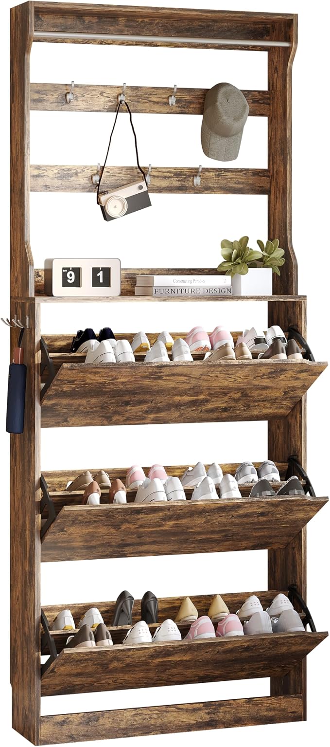 Wodeer Tall Shoe Cabinet with Coat Rack, Hidden Shoe Storage Cabinet with Doors & Drawer, Hanging Bar & Hooks, Slim Narrow Freestanding Shoe Rack Organizer for Entryway, Hallway & Living Room, Brown