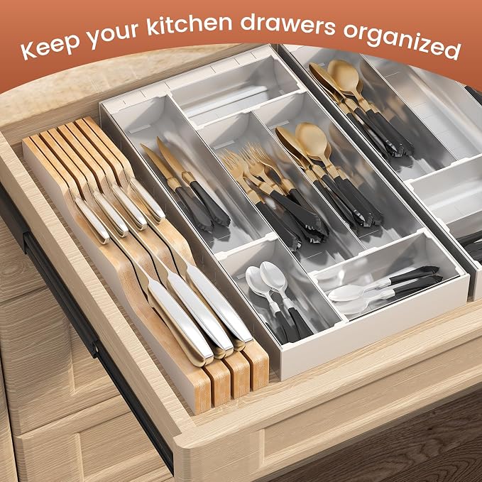 In-Drawer Knife Block Organizer - Bamboo Wood Drawer Knife Organizer-Protecting Knife Organizer Block (Not Included) (White, 7 Knives Dock)
