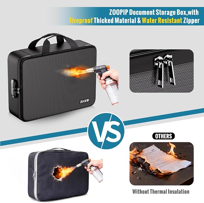 Fireproof Document Bag with Lock, Soft-Shell File Organizer, Black | Water-Resistant Zipper, Multi-Pocket Design, Portable Storage for Laptops, Passports, Certificates, Important Paperwork