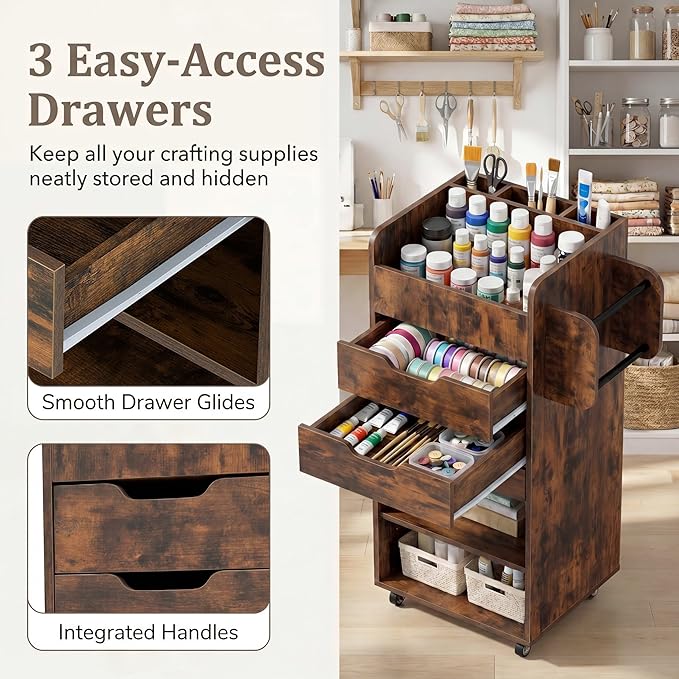 Tangkula Rolling Storage Cart with Drawers, Industrial Aesthetics Organizer Cart w/Lockable Casters, Makeup Utility Cart w/3 Shelves, Slots & Dowels, Storage Cabinets on Wheels, Home Office Craft Cart