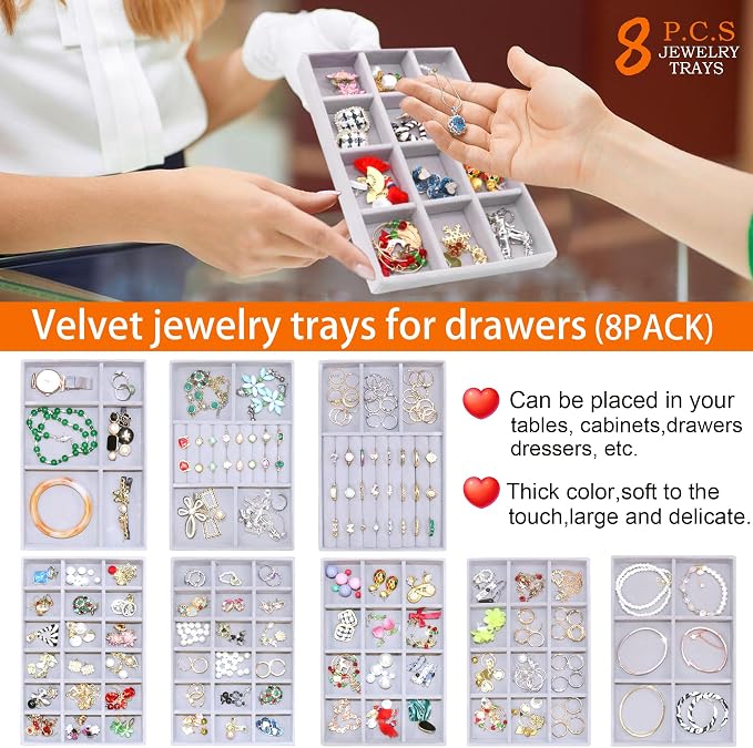 Set of 8 Stackable Jewelry Organizer X-Large Velvet Jewellry Trays Jewelryy Drawer Inserts, Earring Ring Brooch Necklace Bracelet Watch Display Plate with Removable Dividers