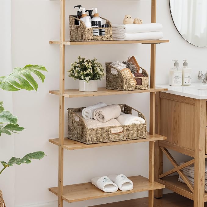 StorageWorks Seagrass Pantry Storage Baskets, Wicker Baskets with Built-in Handles, Handwoven Shelf Baskets for Organizing, Pantry Organizers and Storage, 3 Pack