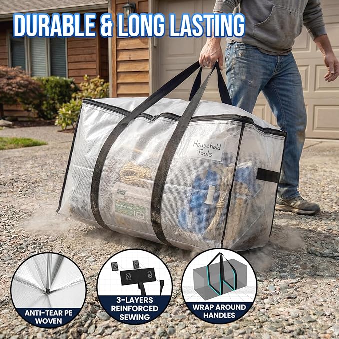 TAILI Extra Large Moving Bags, 12 Pack Clear Heavy Duty Totes For Storage with Visible Window, Wrap Around Handles, Storage Bags for Space Saving, Alternative to Moving Boxes