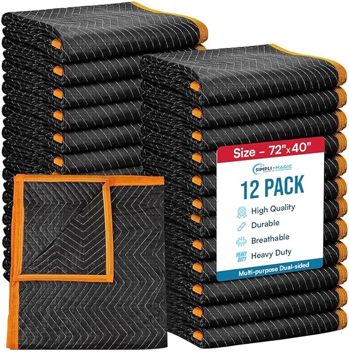 Simpli-Magic Heavy Duty Padded Moving Blankets 72" x 40" – 12 Pack – Packing Blankets, Furniture Covers for Moving