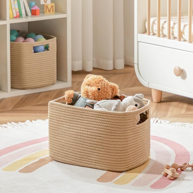 4 Pack Storage Baskets for Organizing, Shelf Baskets with Handles, Brown | 14.5"L x 9.8"W x 9"H, Woven Basket, Cotton Rope Basket, Toy Storage, Cube Shelf, Gift Baskets Empty, Home Decor