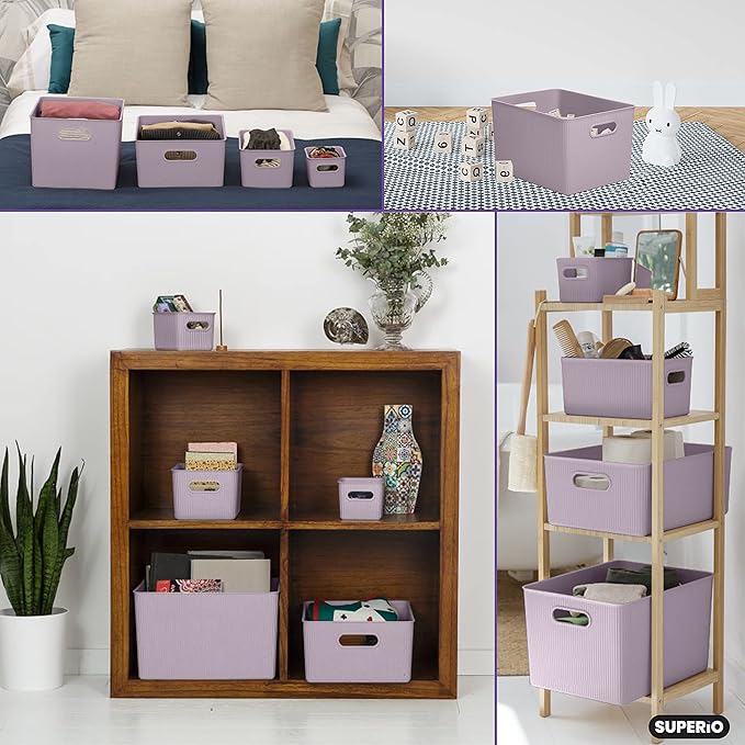 Superio Ribbed Collection - Decorative Plastic Basket Open Home Storage Bins Organizer, X-Large Lilac Purple (6 Pack) Container Boxes for Organizing Closet Storage Bins for Shelves 22 Liter/23 Quart